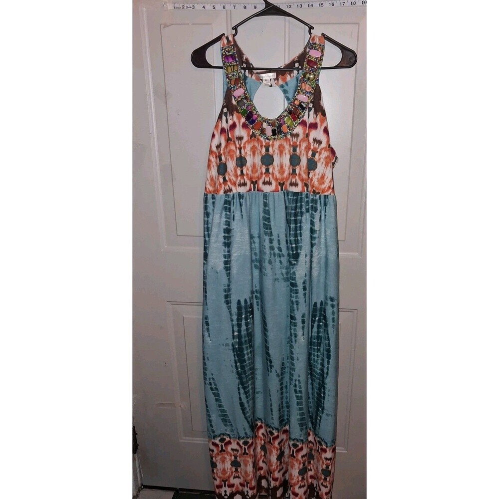 John Paul Richards Maxi Dress XL Boho Beaded Neckline Beach Festival Tie Dye